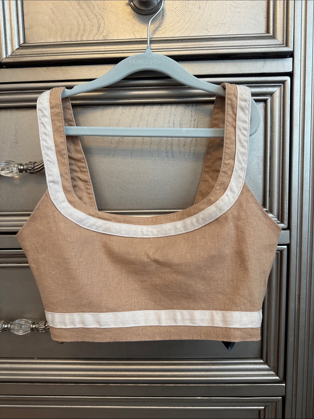 7 For All Mankind Tan Crop Top with White Contrast Trim